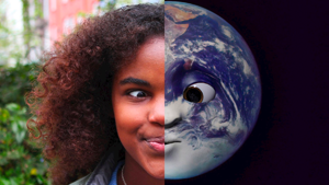 Child's face on half the screen and the other half is an illustration of the earth with a face