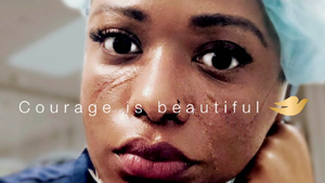 Portrait picture of healthcare worker with words Courage is Beautiful